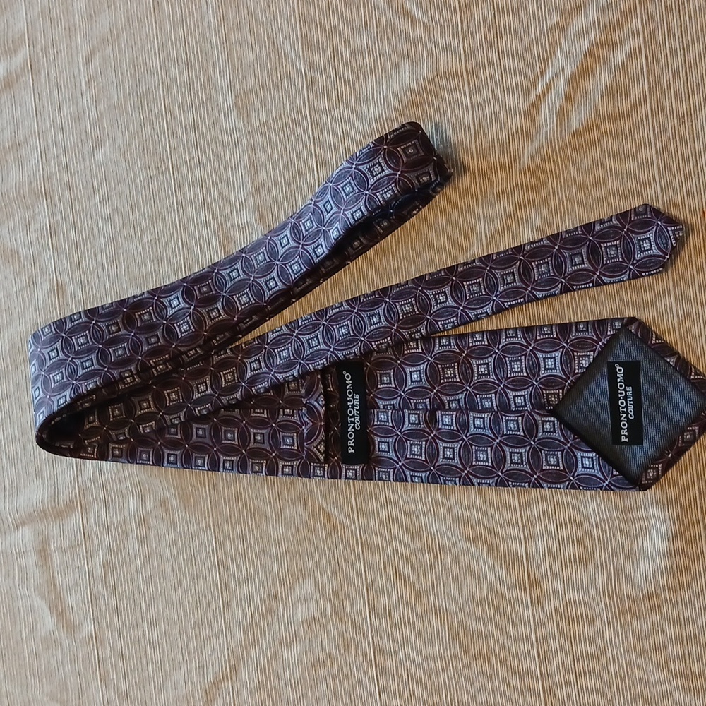 PRONTO• UOMO Couture Geometric Patterned Tie - Burgundy/Blue/Grey - Picture 5 of 6